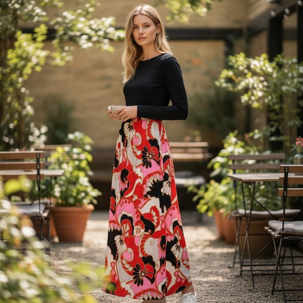 Vintage 70s Psychedelic Floral Maxi Dress Long Sleeve Retro Boho Med-L